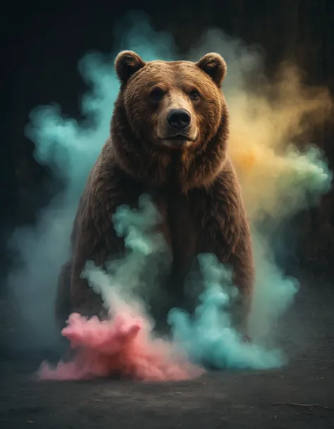 violent chalk explosion, holographic colorful floating in space, cinematic close-up portrait of a brown bear (made out of chalk:1.3) during dusk in the autumn, dark and gritty fantasy film heavy chalk smoke, cinematic lighting
