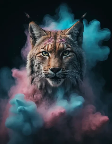 violent chalk explosion, holographic colorful floating in space, cinematic close-up portrait of a lynx (made out of chalk:1.3) during dusk in the autumn, dark and gritty fantasy film heavy chalk smoke, cinematic lighting