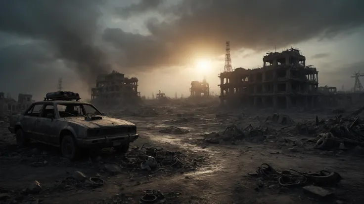 Renderman, (theme:0.7) , tiny (in this hyperrealistic photograph, the viewer is transported to a post-apocalyptic landscape, the remnants of a cosmic war laid out before them. the image is a stunning combination of light and darkness, as the ruins of spaceships and buildings loom in the foreground, while the faint glow of a distant sun hovers on the horizon. the intricate details are so lifelike that the viewer can almost make out the twisted metal and charred remains of the long-gone battle. the photo captures the desolate beauty of a world forever changed by the horrors of war.:1.3) , curious, doing a fashion show, wearing Baggy all, Raining, still, Fujifilm Neopan 100, 800mm lens, Unsplash, volumetric atmospheric effects, intricate accurate details, cinematic color grading, cinematic, 8K, chromatic aberration