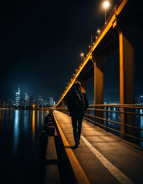 a very dark and contrast rich photograph, teacher pausing on a bridge over a river, at midnight, high detail, 8k, high contrast, depth of field, aperture f2.8, volumetric atmospheric effects, intricate accurate details, cinematic color grading, cinematic, 8K, chromatic aberration