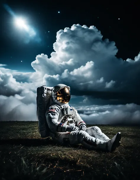 a very dark and contrast rich photograph, a astronaut lying on the grass watching clouds drift by, in front of a dark background, high detail, 8k, high contrast, depth of field, aperture f2.8, volumetric atmospheric effects, intricate accurate details, cinematic color grading, cinematic, 8K, chromatic aberration
