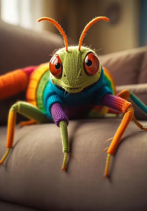 Mischievous cute caterpillar-spider-mantis hybrid knitting a  rainbow scarf on the couch   Old-fashioned living room, highly detailed eyes,  by Jean-Baptiste Monge, Gilles Beloeil, Tyler Edlin, Marek Okon, Pixar, 8k, album art, comic style, golden ratio, perfect composition
a masterpiece, trending on artstation, extreme close up, shot from below. High dynamic range, vivid, rich details, clear shadows and highlights, realistic, intense, enhanced contrast, highly detailed