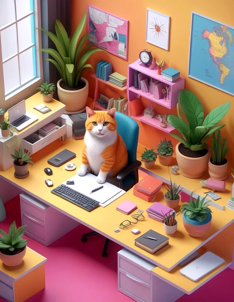 extremely detailed (isometric 3d:1.3), colorful anthropomorphic cat office desk, 8k, vibrant vivid,