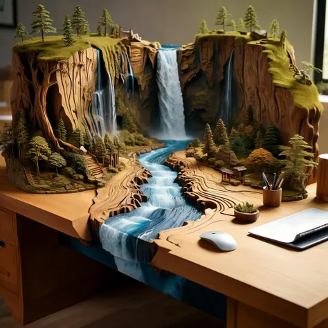 Photo of a desk carved deep with a complete landscape and a ravine and a mighty river flowing through it and a waterfall, all in 3d.