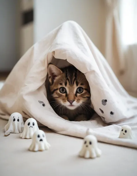 A tabby kitten playing hide and seek with cute little ghosts, hidding under bedsheet