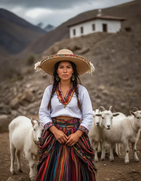 Photo of a Bolivian woman, ((wind-blown hair)), with goats, traditional dress, cleavage, sombrero, stone wall, mountain background, sunny but windy day, pastoral scene, two white goats, cultural fashion, outdoor natural light, tranquil, rustic charm, animal-human interaction, serene expression, fashion editorial, countryside, heritage, ethnic patterns on clothing