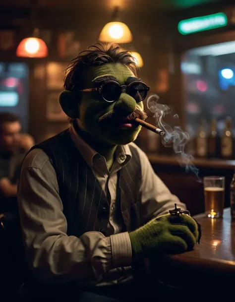 (masterpiece, top quality, best quality, official art, a very dark photo at night, contrast, beautiful and aesthetic:1.2), (minimalistic photo of a cyberpunk77 muppet with sunglasses in a bar smoking a cigar with smoke coming from the it, cinematic, intricate, dark night), (exceptional, best aesthetic, best quality, masterpiece, extremely detailed:1.2), leica 35mm, bokeh, sitting in a pub at night, cinematic color grading), highest detailed, intricate