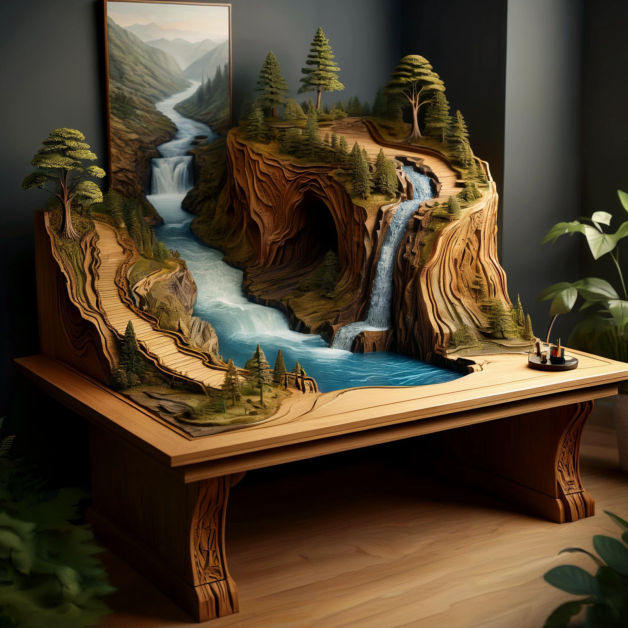 Photo of a desk carved deep with a complete landscape and a ravine and a mighty river flowing through it, all in 3d.
highly detailed, photorealistic,
