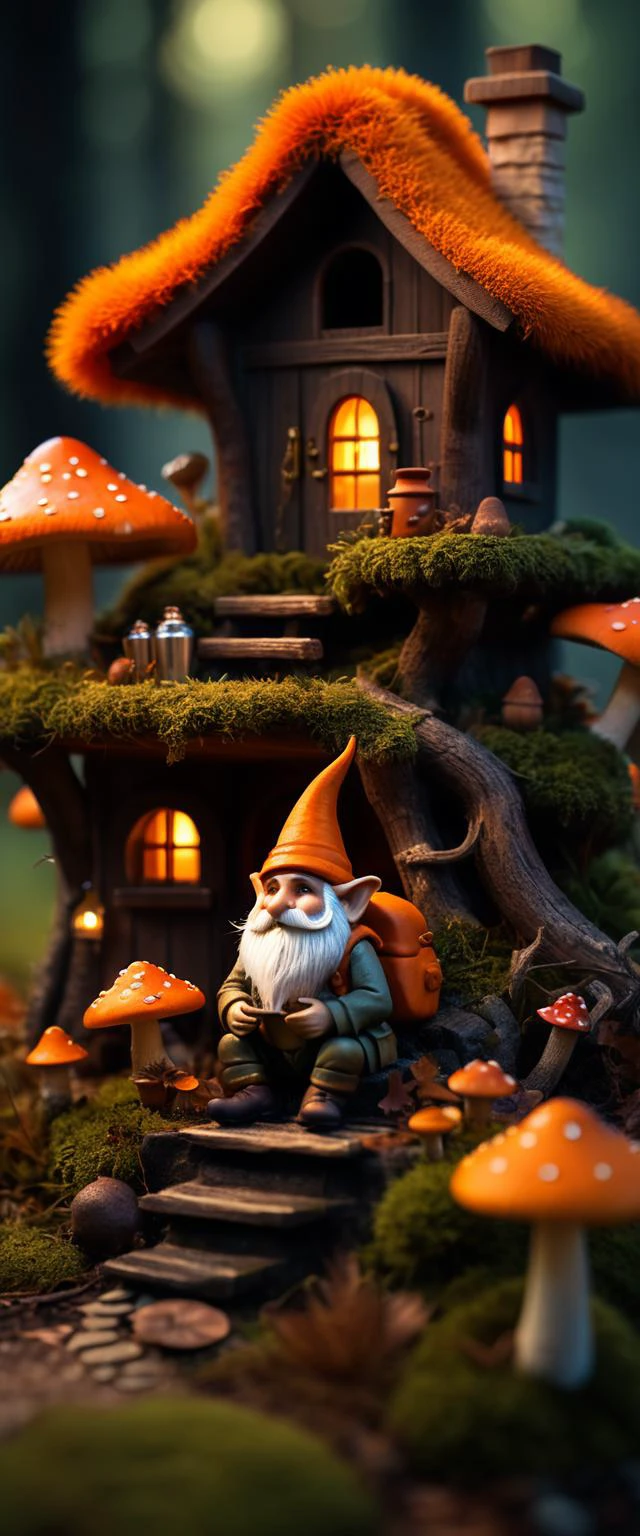 a nightly minimalistic 3D render of a isometric troll house made of amanitas and moss and old dark wood, tiny gnome sitting outside smoking long pipe, warm orange lighting, intricate, fantastical, myserious, volumetric lighting, cinematic, glistening, gleaming, fire flies all around