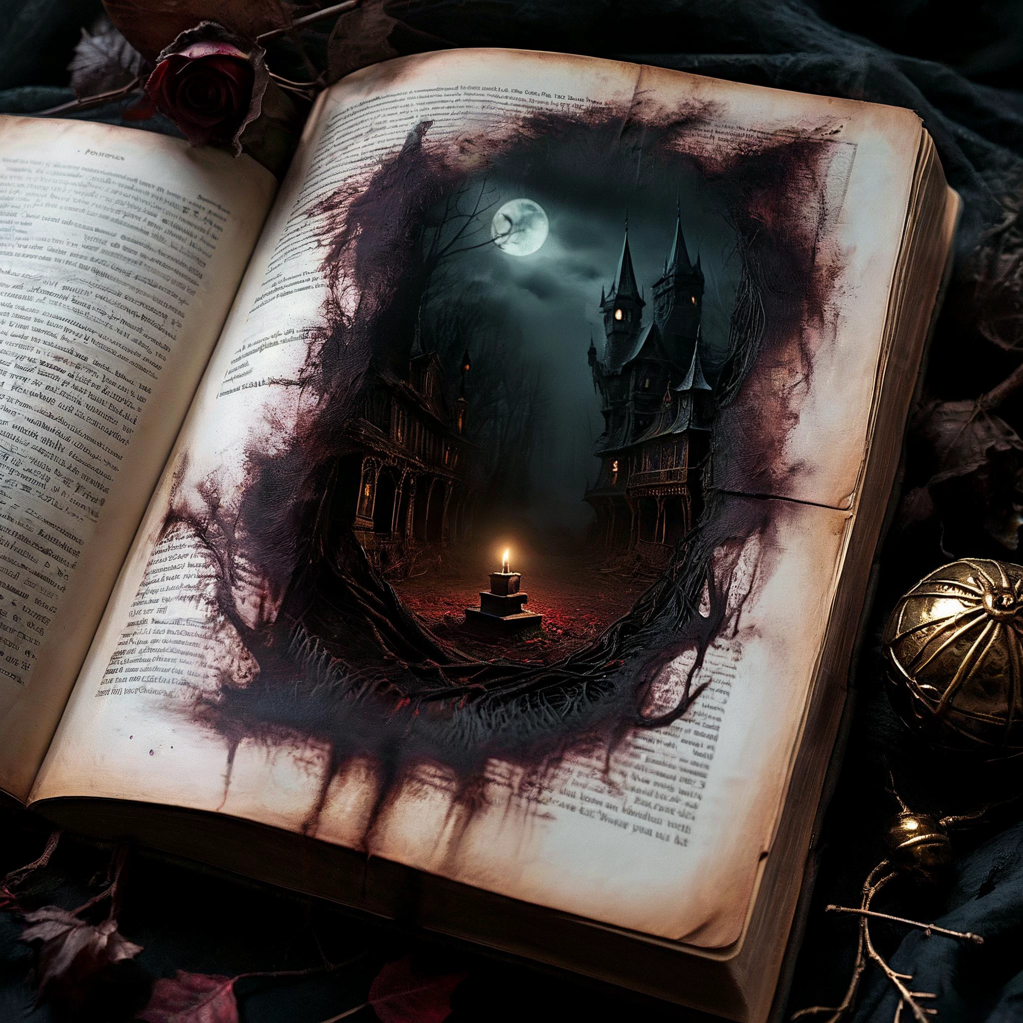 photo,
Fantasy art style, Ethereal,
A disturbing book, discovered in the darkest of places. It should have been left where it was found, shrouded in mystery, lost, but we uncovered it and its dark mysteries. Now we are cursed by its forces, forever bond to its horrors. The book has brought out the worst in us and we are forever cursed.
rich dark colors, vibrant style, dark hues, night,
<lora:RMSDXL_Enhance:0.45>,
<lora:add-detail-xl:0.8>,
<lora:RMSDXL_Darkness_Cinema:0.5>,
<lora:RMSDXL_Creative:0.8>,