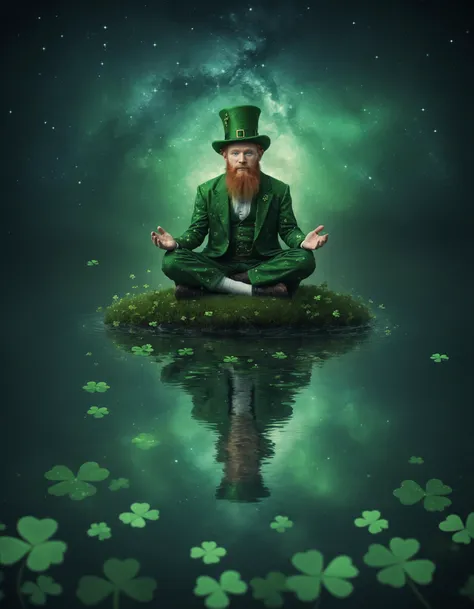 A surreal and mesmerizing illustration of an Irish Leprechaun meditating atop shimmering pool of water with floating luck clovers. Beneath him, his reflection is clearly visible, with ripples spreading out in intricate patterns. The milky way serves as an ethereal backdrop, with the night sky filled with twinkling stars. The overall atmosphere of the image is serene and spiritual, with a touch of celestial wonder., illustration, poster
