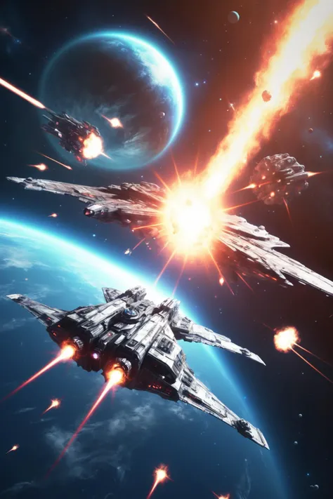 a Deep space battle with spaceships, lasers, explosions, and a distant planet