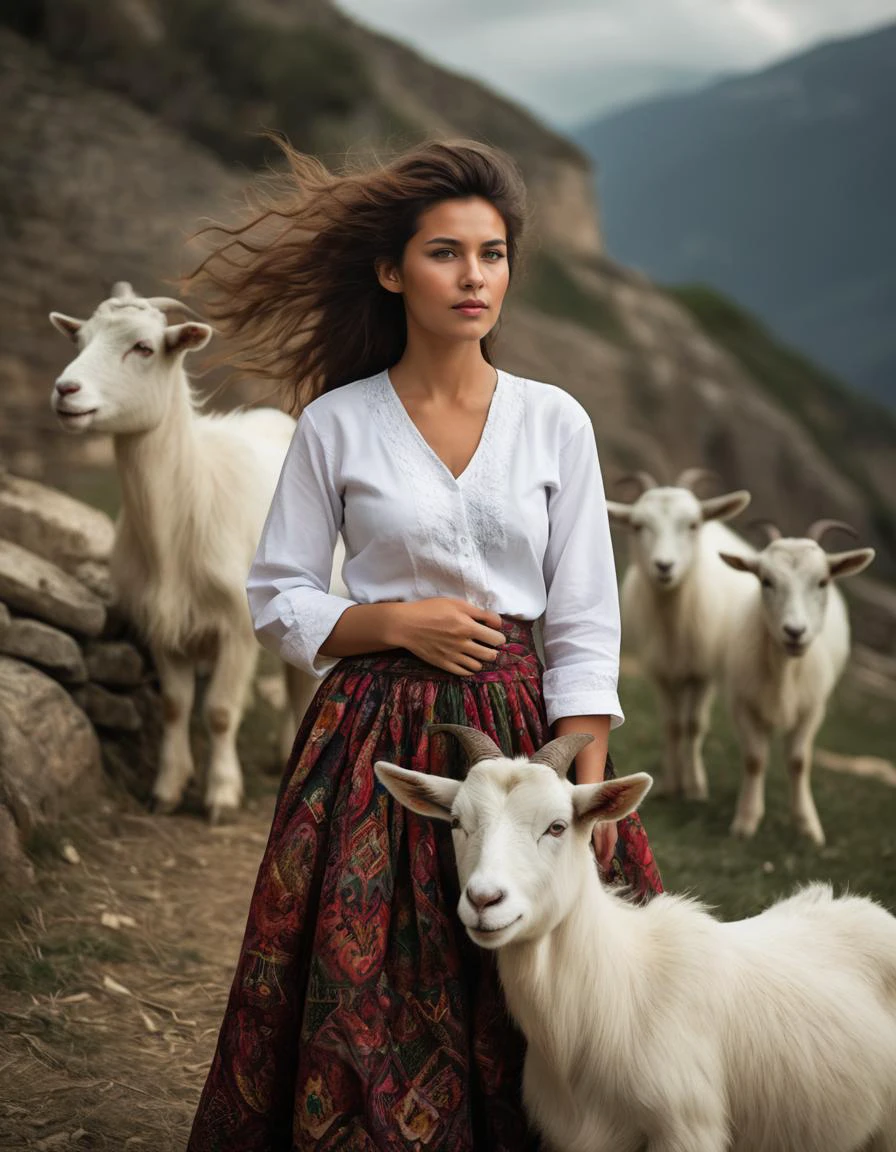 Wow woman, ((wind-blown hair)), with goats, traditional dress, cleavage, stone wall, mountain background, sunny but windy day, pastoral scene, two white goats, cultural fashion, outdoor natural light, tranquil, rustic charm, animal-human interaction, serene expression, fashion editorial, countryside, heritage, ethnic patterns on clothing