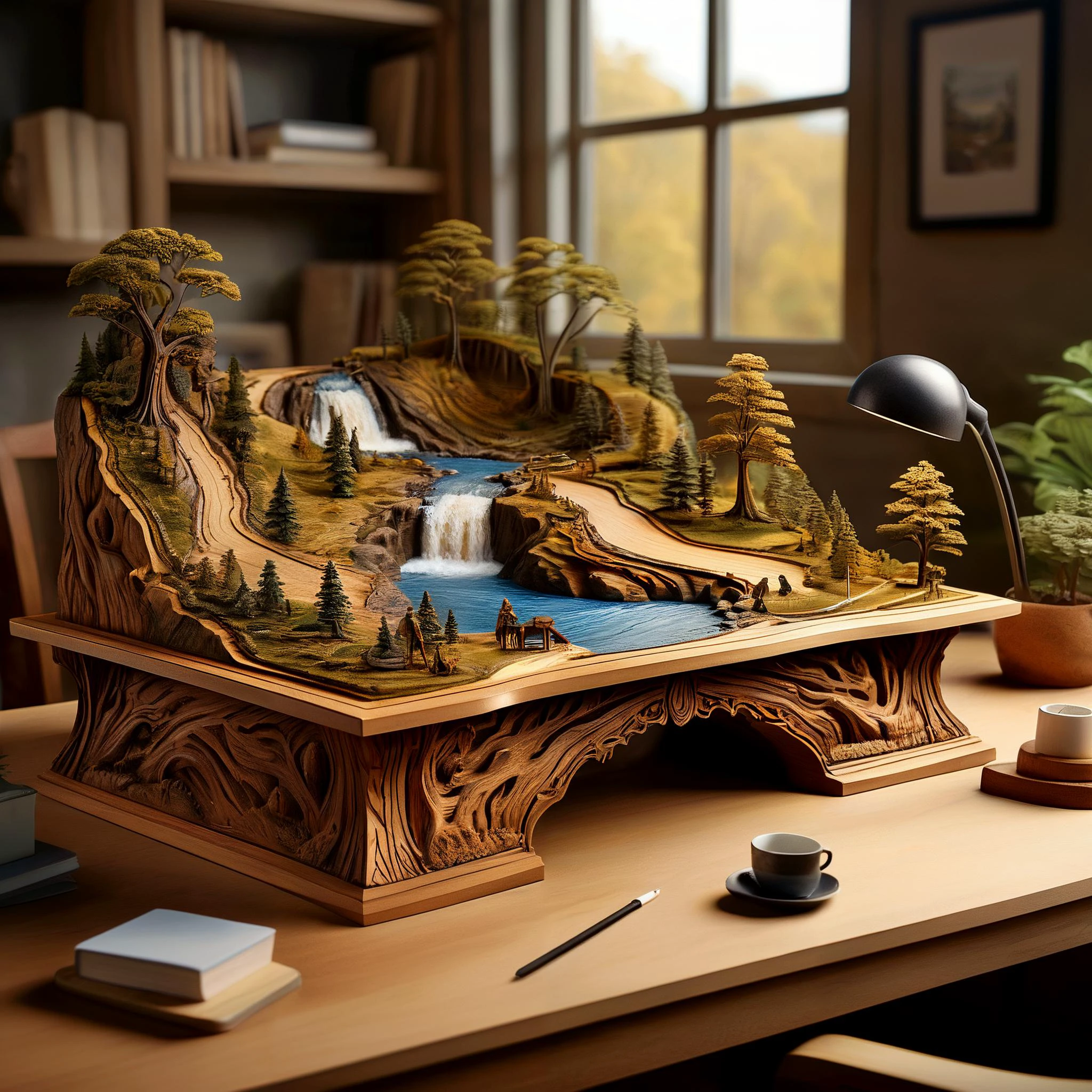 Photo of a desk carved deep with a complete landscape and a ravine and a mighty river flowing through it, all in 3d.
highly detailed, photorealistic,
