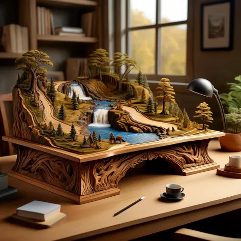 Photo of a desk carved deep with a complete landscape and a ravine and a mighty river flowing through it, all in 3d.

highly detailed, photorealistic,