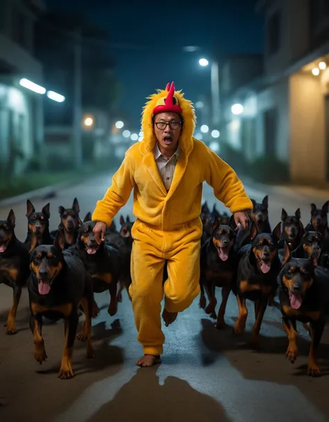 Close up of An Asian man (dressed in a oversize feather chicken suit) running in terror in the middle of the night, face visible, wearing glasses, chased by a pack of feral (Doberman dogs).