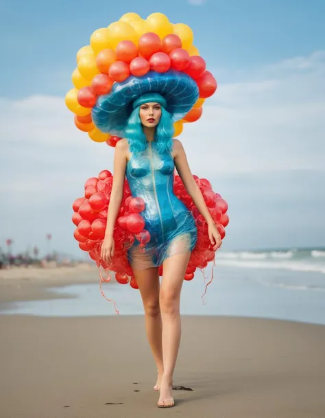 A whimsical photo of a daring model wearing an outrageous jellyfish-inspired outfit. The outfit, made of colorful bubble wrap and balloons, has a vibrant mix of reds, blues, and yellows. The model's headpiece resembles a jellyfish cap with a large balloon tail flowing behind her. The background reveals a bright, sunny day at the beach, with waves gently crashing and seagulls soaring overhead. The overall ambiance is playful and cheerful, with a touch of quirky creativity., photo