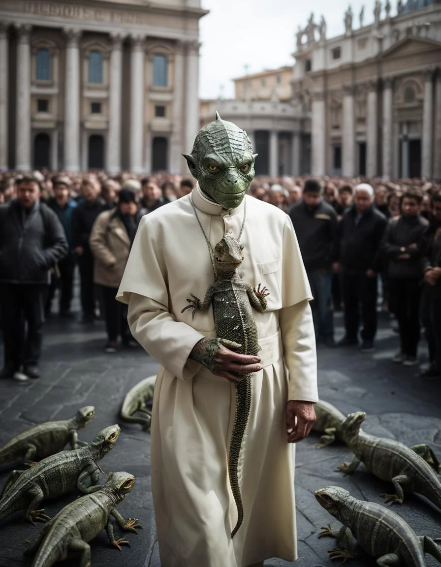 A dramatic cinematic scene reveals the shocking truth: [the Pope:lizard person:0.2]. a lizard-human hybrid, stands confidently in front of St. Peter's Basilica, his scales shimmering in the sunlight. The background is filled with gasping onlookers and the bustling streets of Vatican City, creating a sense of intrigue and disbelief. The atmosphere is tense, with a mix of horror and fascination emanating from the crowd., cinematic