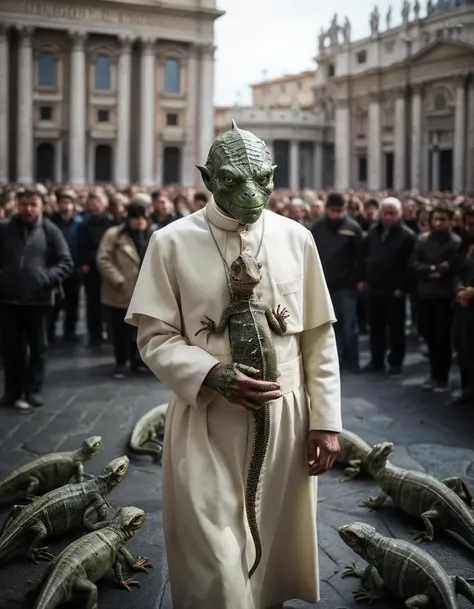 A dramatic cinematic scene reveals the shocking truth: [the Pope:lizard person:0.2]. a lizard-human hybrid, stands confidently in front of St. Peter's Basilica, his scales shimmering in the sunlight. The background is filled with gasping onlookers and the bustling streets of Vatican City, creating a sense of intrigue and disbelief. The atmosphere is tense, with a mix of horror and fascination emanating from the crowd., cinematic