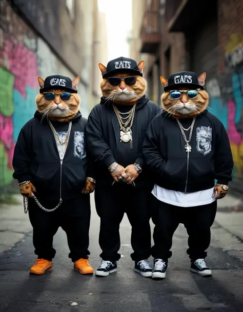 An amusing and creative photo of cool but fat cats dressed up as gang members, adorned with a myriad of bling and chavs. The feline gangsters are wearing oversized hoodies and caps, with chains and layered necklaces hanging around their necks. Their eyes are covered with sunglasses, and they sport tattoos on their fake skin. The background is a graffiti-filled, urban alley, giving the photo a cool and edgy vibe., photo