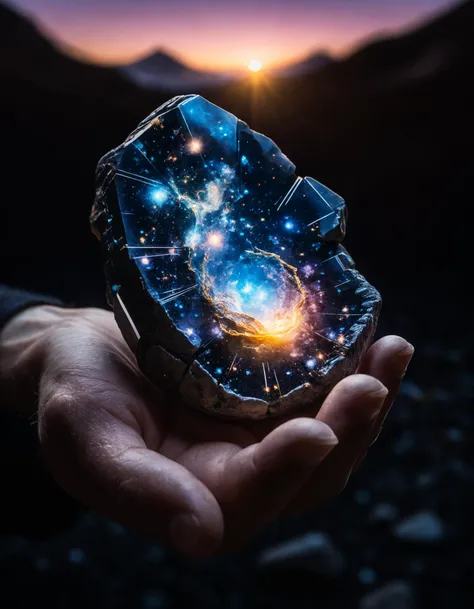 A close-up of a hand holding a seemingly ordinary stone that glows from within, revealing a miniature galaxy capturing the luminescence and textures