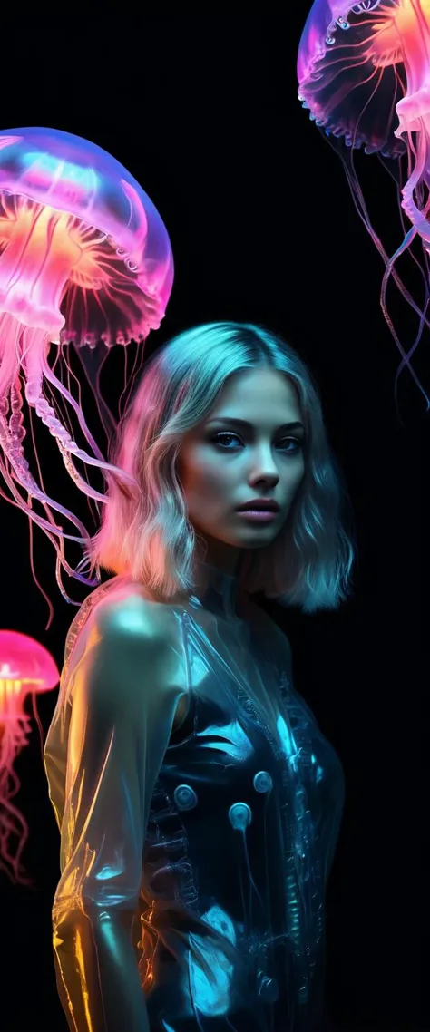 (masterpiece, top quality, best quality, official art, a very dark photo at night, contrast, beautiful and aesthetic:1.2), (bioluminescent woman wearing plastic clothes, neon lights, venta black background with jellyfish in the background), highest detailed, intricate