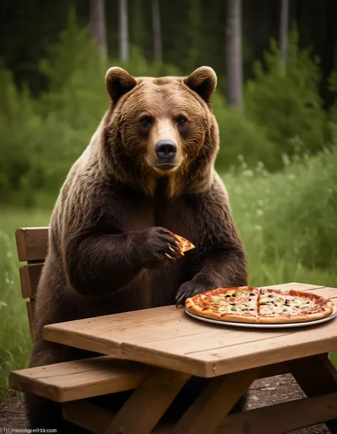 A captivating photo of a plump grizzly bear slyly stealing pizza from a picnic table at a national park. The bear has a mischievous expression on its face. The background shows a beautiful forest setting with lush green trees and a picturesque mountain range. The overall ambiance of the photo is one of amusement and natural charm, while also highlighting the curiosity and playfulness of wildlife., photo