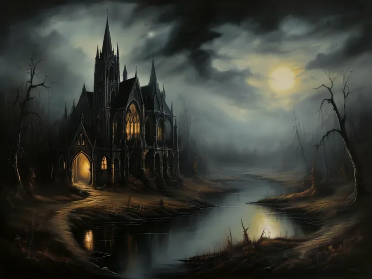 (Paint a Gothic landscape with an eternal nightfall)

For who can wonder that man should feel a vague belief in tales of disembodied spirits wandering through those places which they once dearly affected, when he himself, scarcely less separated from his old world than they, is for ever lingering upon past emotions and bygone times, and hovering, the ghost of his former self, about the places and people that warmed his heart of old? 

airbrush painting, 
