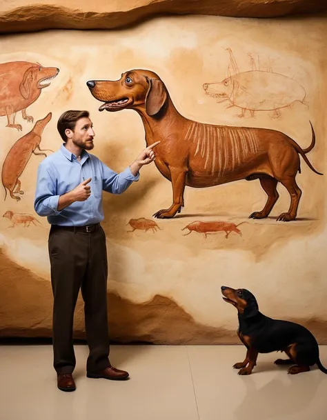 Paleontologist pointing at a cave painting of a giant wiener dog with ivory tusks