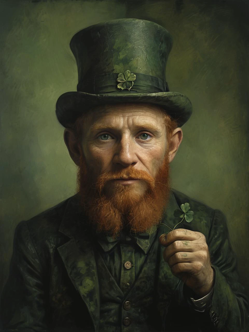 impactful paint of a leprechaun holding a lucky clover, professional,masterpiece 4k, clear,vivid deep blacks, high contrast, crystal clear