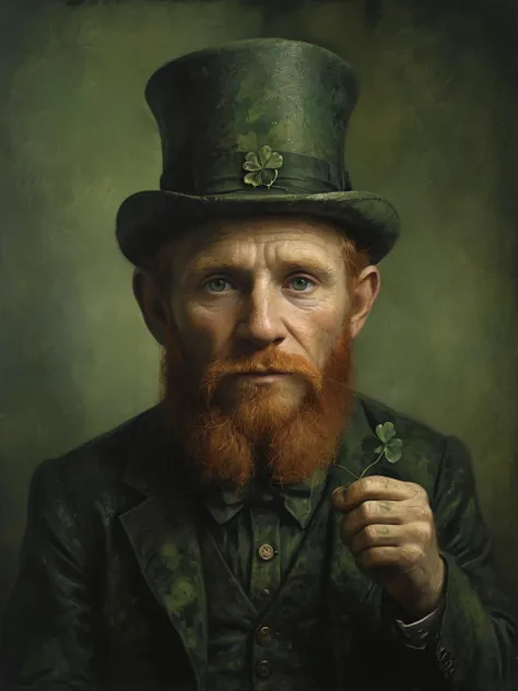 impactful paint of a leprechaun holding a lucky clover, professional,masterpiece 4k, clear,vivid deep blacks, high contrast, crystal clear 