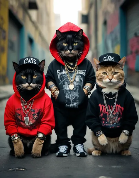 An amusing and creative photo of cats dressed up as gang members, adorned with a myriad of bling and chavs. The feline gangsters are wearing oversized hoodies and caps, with chains and layered necklaces hanging around their necks. Their eyes are covered with sunglasses, and they sport tattoos on their fake skin. The background is a graffiti-filled, urban alley, giving the photo a cool and edgy vibe., photo