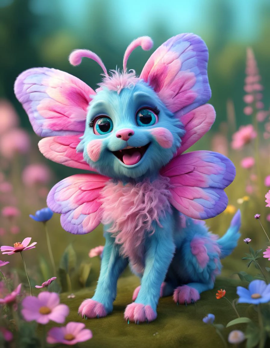 fantastical, intricate, vibrant 3D octane render of a playful and adorable creature with soft, plushy fur in various shades of pastel pinks and blues frolics among vibrant wildflowers in a sunlit meadow. Its large, expressive eyes sparkle with mischief as it nibbles on a colorful butterfly with its tiny paws. The gentle breeze ruffles its long, flowing mane, while its delicate wings sprout from its back, fluttering softly behind it like a cloud of cotton candy.