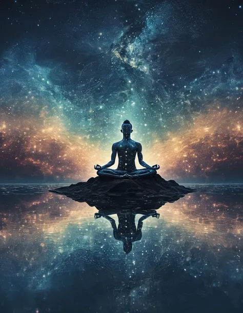A surreal and mesmerizing illustration of a transparent man meditating atop a shimmering pool of water. Beneath him, his reflection is clearly visible, with ripples spreading out in intricate patterns. The milky way serves as an ethereal backdrop, with the night sky filled with twinkling stars. The overall atmosphere of the image is serene and spiritual, with a touch of celestial wonder., illustration, poster