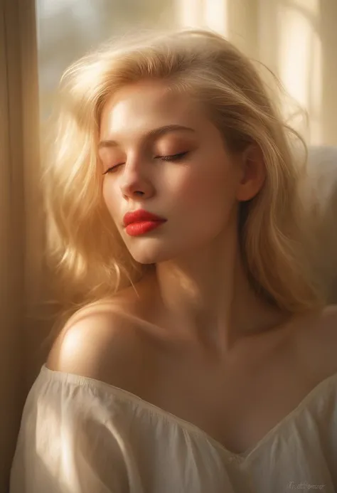 A captivating close-up photograph of a blonde woman, sleeping peacefully in the morning sunlight. The golden rays stream through a window, casting gentle shadows around her face, accentuating her full red lips and soft features. The woman's hair is cascading down her shoulders, framing her angelic visage. The background is a subtle blend of warm hues, creating a serene and dreamy atmosphere., photo