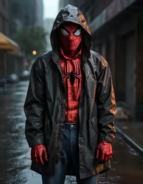 spider man wearing raincoat,  monster,  horrified,  horror,  shirt,  dark aesthetic,  jacket,  closed mouth,  blood,  realistic,  blood,  horrifying atmosphere,  best quality,  realistic