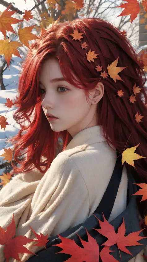 masterpiece, best quality,highres, 1girl, <lora:weddingdress_20230712023801-000002:0.8>, <lora:butterfly:0.5>, maple leaf, maple leaf hair ornament, red hair