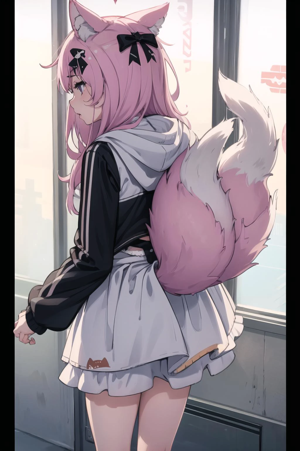 masterpiece, best quality, IncrsTailsFixer, <lora:TailsFixer:1.3>, 1girl, fox tail, from behind, multiple tails, NyannersBase, cat ears, hoodie, long sleeves, camisole, cat print, white skirt, <lora:Char_VTuber_Nyanners:1>