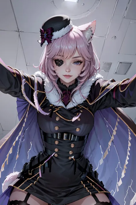 Highly detailed, High Quality, Masterpiece, beautiful, 1girl, solo, CommanderCat, cat ears, eyepatch, beret, military uniform, black fur-trimmed cape, black thighhighs, garter straps, <lora:Char_VTuber_Nyanners:1>, from below, evil smile, Pov, <lora:Pos_PovFromBelow:1>