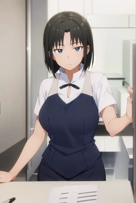 kyoukoshirafuji, <lora:kyouko shirafuji s2-lora-nochekaiser:1>,
kyouko shirafuji, short hair, black hair, (black eyes:1.5),
BREAK apron, waitress,
BREAK indoors, restaurant,
BREAK looking at viewer, (cowboy shot:1.5),
BREAK <lyco:GoodHands-beta2:1>, (masterpiece:1.2), best quality, high resolution, unity 8k wallpaper, (illustration:0.8), (beautiful detailed eyes:1.6), extremely detailed face, perfect lighting, extremely detailed CG, (perfect hands, perfect anatomy),