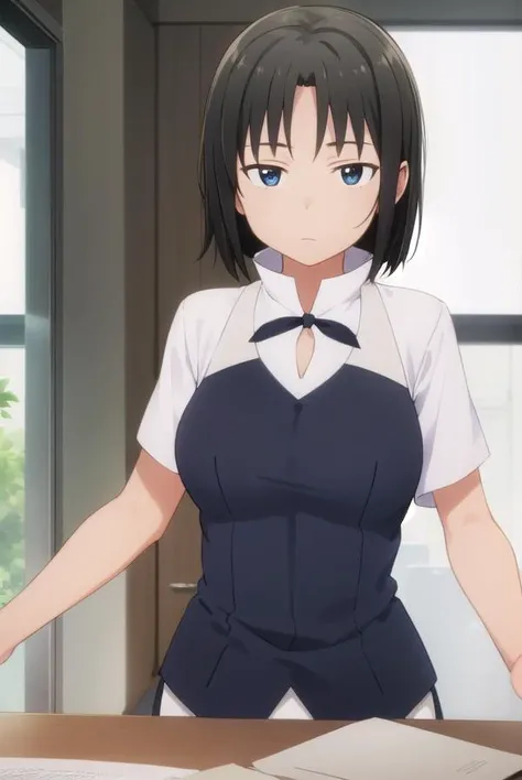 kyoukoshirafuji, <lora:kyouko shirafuji s2-lora-nochekaiser:1>,
kyouko shirafuji, short hair, black hair, (black eyes:1.5),
BREAK apron, waitress,
BREAK indoors, restaurant,
BREAK looking at viewer, (cowboy shot:1.5),
BREAK <lyco:GoodHands-beta2:1>, (masterpiece:1.2), best quality, high resolution, unity 8k wallpaper, (illustration:0.8), (beautiful detailed eyes:1.6), extremely detailed face, perfect lighting, extremely detailed CG, (perfect hands, perfect anatomy),