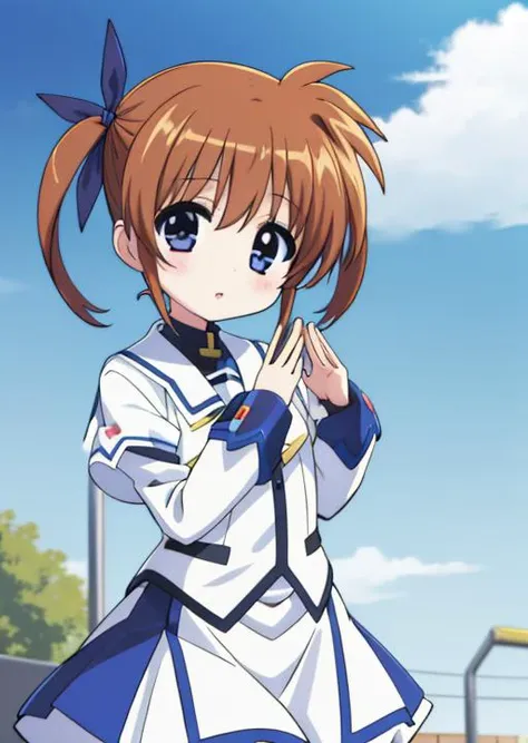 blue sky,looking at viewer,<lora:nanoha-movie-2nd-takamachi-nanoha:0.7>,takamachi-nanoha,hair dyed brown,, ((ultra-detailed)), ((illustration)), ((masterpiece,best quality,cute,kawaii)),<lyco:GoodHands-beta2:1.0>,nice hands,stylish pose,