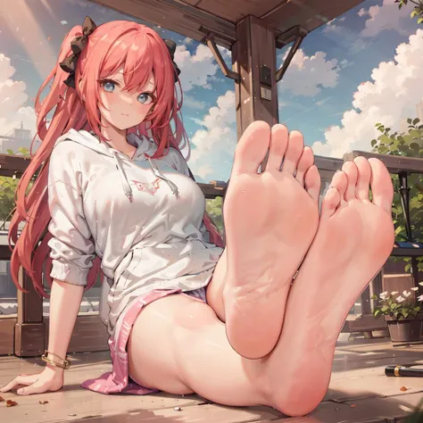 ((masterpiece)),(best quality, finely detailed, absurdres, perfect faces, perfect eyes),
vivid color,realistic light,
1girl,
hoodie, long hair,
, golden hair,
bottomless,<lora:ddfp:0.7>barefeet