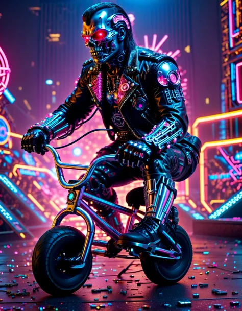 biomechanical cyberpunk arnold as the terminator t800 riding a mini bmx, night city, neon lights, explosion, bubblegum, glitterbomb, glitter, discoball,, . cybernetics, human-machine fusion, dystopian, organic meets artificial, dark, intricate, highly detailed