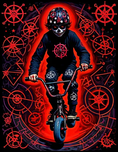 Occult satanic artwork 1boy driving a mini bmx,,. Pentagrams, demonic figures, inverted crosses, dark ritualistic horror
