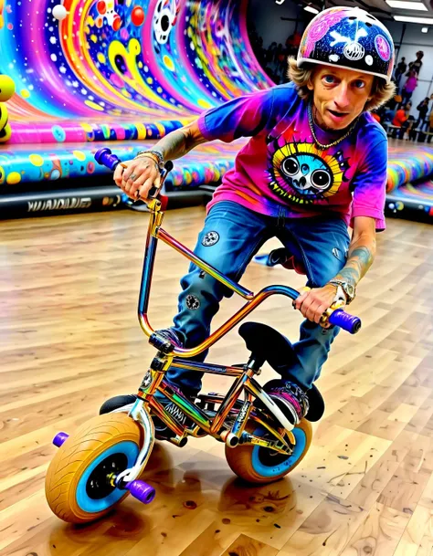 Ankama vivid animation style tony hawk a riding a mini bmx, in a spacestation, explosion of mushroom spores, fractale dna, glitter, bubblegum acid,,,. Vibrant colors, expansive storyworlds, stylized characters, flowing motion