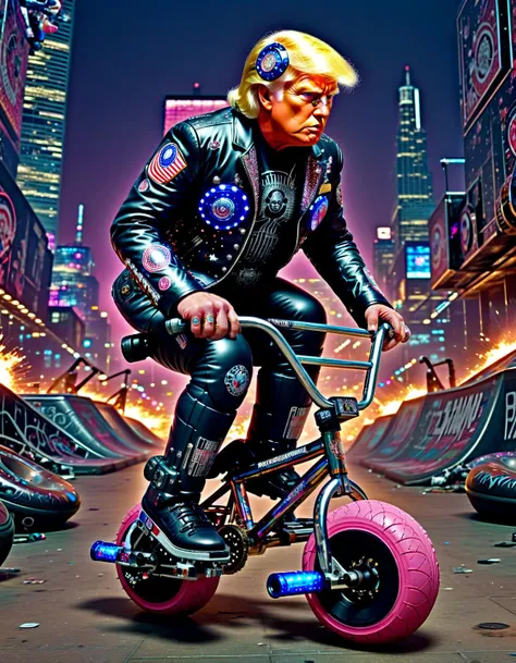 biomechanical cyberpunk Donald Trump as cyborg riding mini bmx, nighttime city, explosion, bubblegum, sheenbomb, sheen, Discoball, from front view,, . cybernetics, man-machine fusion, dystopian, organic meets artificial, tenebrosa, intricate, highy detailed