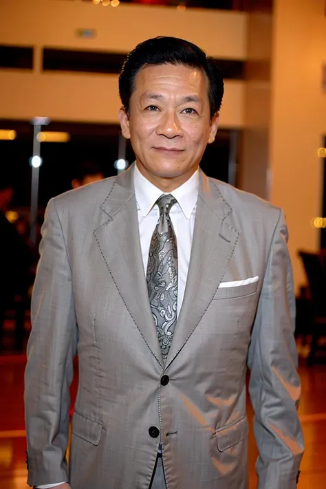 best quality, ultra high res, (photorealistic:1.4),(Grey suit:1.2),masterpiece, blurry background,1boy,standing ,(looking at viewer), <lora:zhaozhongxiang:0.8>