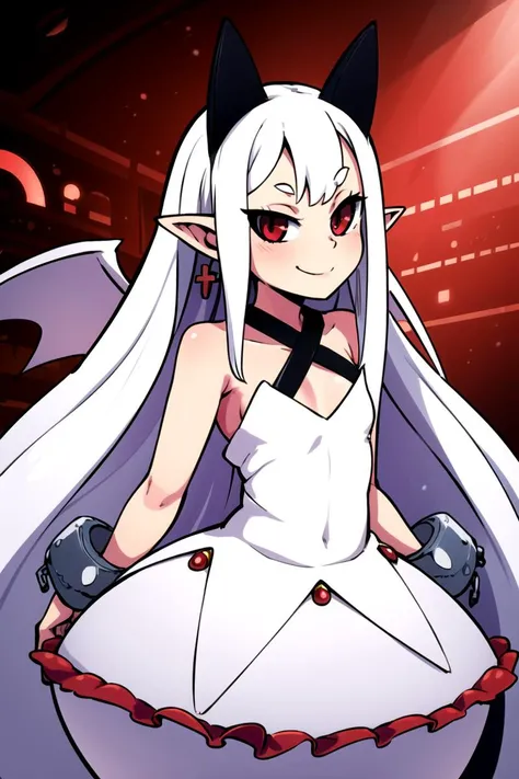 ((masterpiece,best quality)), absurdres,
<lora:Pram_Phantom_Kingdom_Anime_Dim32:0.8>, Pram_Phantom_Kingdom,
1girl, solo, long white hair, horns, pointy ears, red eyes, black sclera, jewelry, dress, bubble skirt, earrings, chain, bat wings, albino, shackles, criss-cross halter,
solo, smiling, looking at viewer, cowboy shot, ,
cinematic composition, dynamic pose,