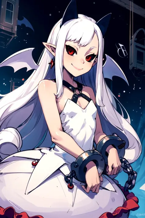 ((masterpiece,best quality)), absurdres,
<lora:Pram_Phantom_Kingdom_Anime_Dim32:0.8>, Pram_Phantom_Kingdom,
1girl, solo, long white hair, horns, pointy ears, red eyes, black sclera, jewelry, dress, bubble skirt, earrings, chain, bat wings, albino, shackles, very long hair,
solo, smiling, looking at viewer, cowboy shot, ,
cinematic composition, dynamic pose,